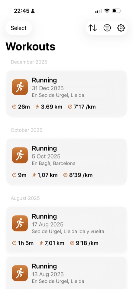 SnapGPX workout list showing running, cycling, walking, and hiking activities with distance, duration, and pace