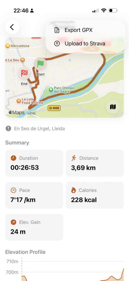 Export GPX and Upload to Strava menu options in workout detail view