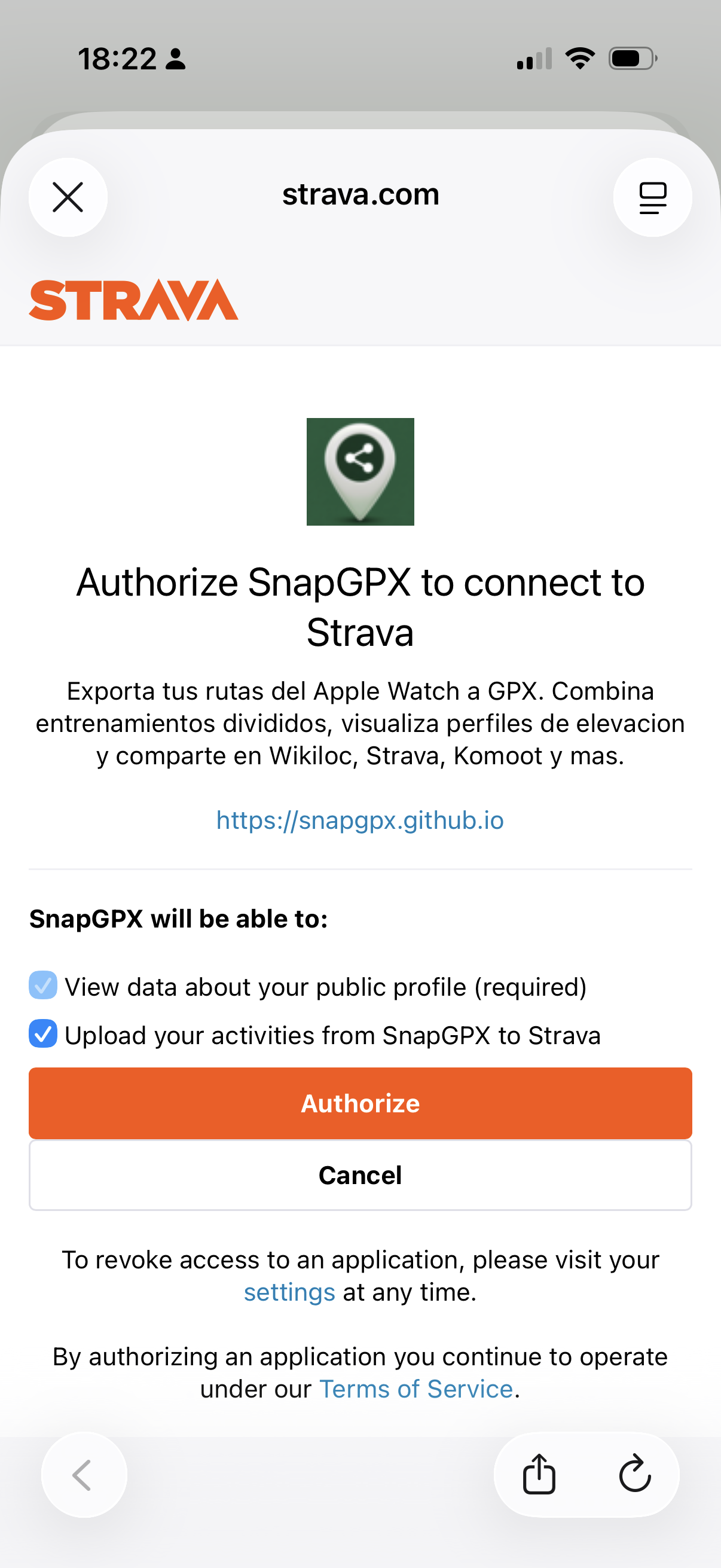 Strava authorization screen showing SnapGPX requested permissions: view public profile and upload activities