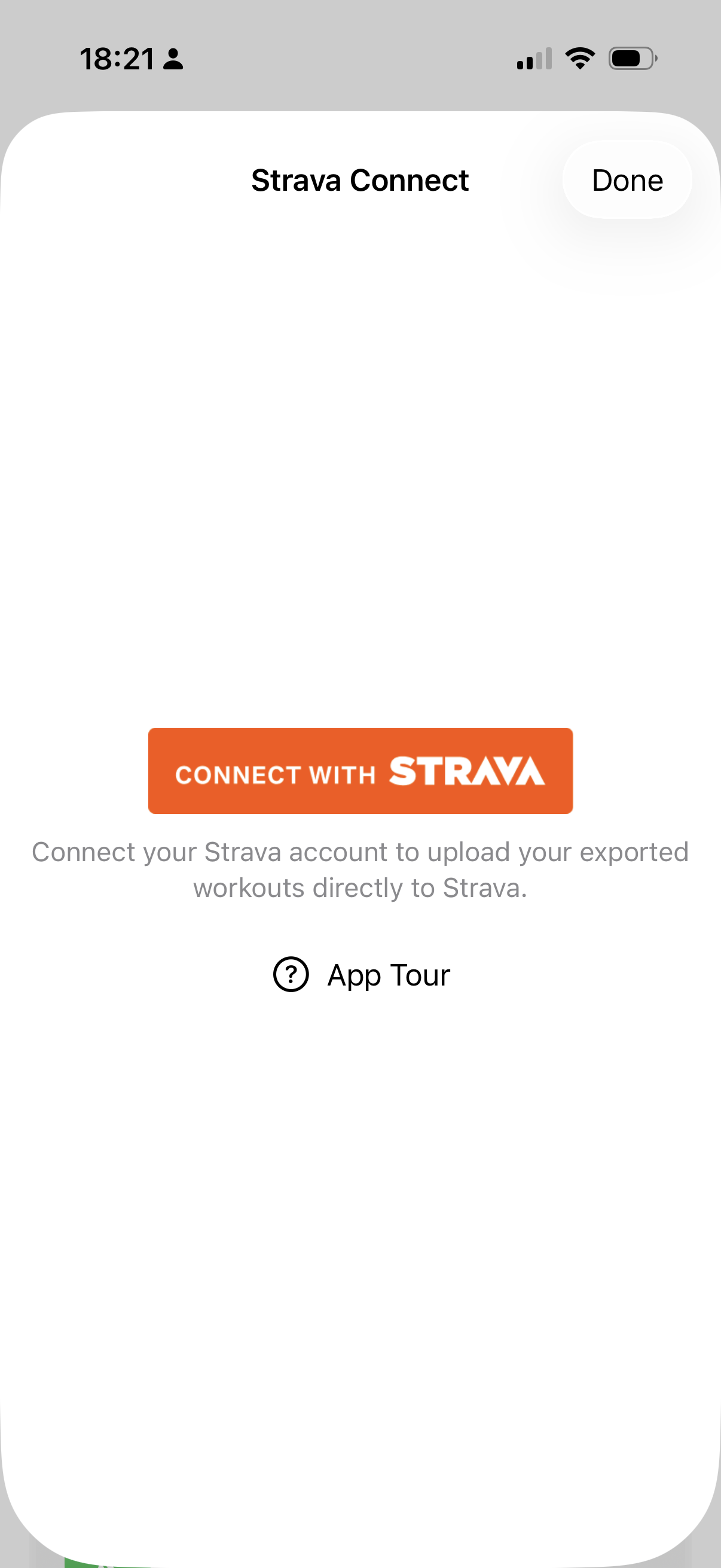 SnapGPX Strava Connect screen showing the official Connect with Strava button