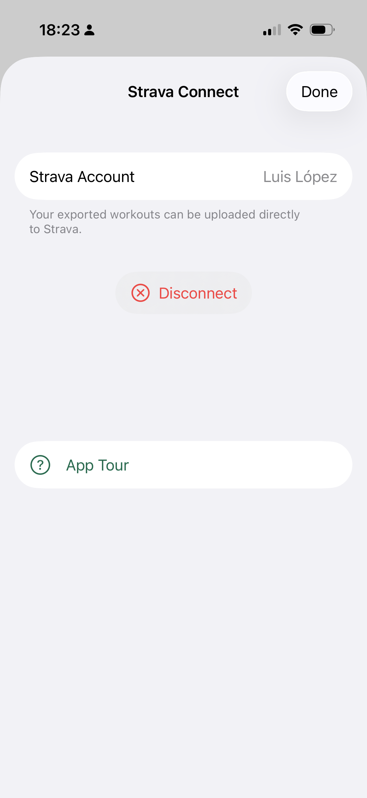 SnapGPX showing connected Strava account with option to disconnect