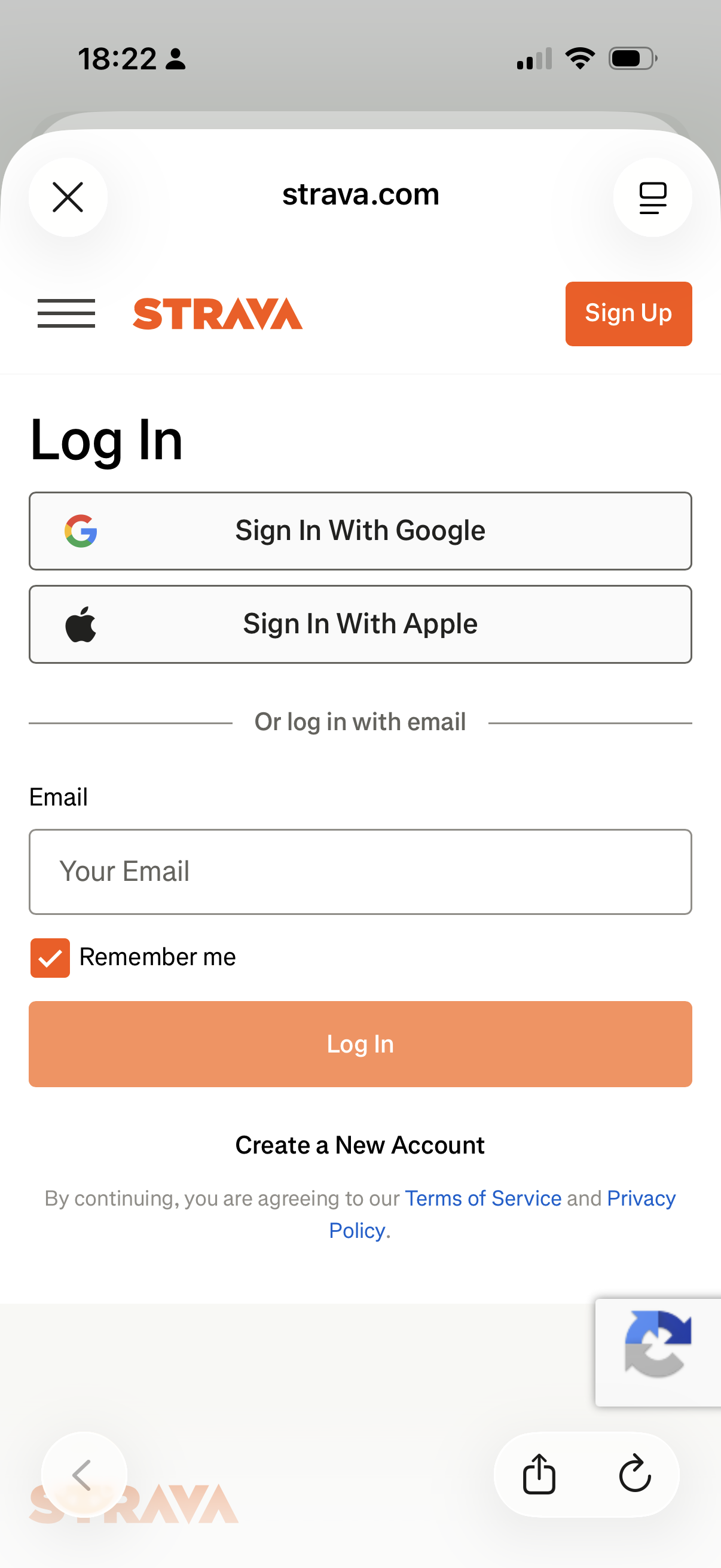 Strava login page for OAuth authentication